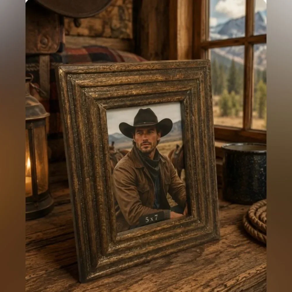 *Cabin-Couture* Rustic Glitter Carved Brown Solid Wood Picture Frame